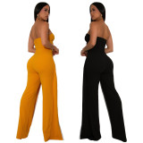 Women Sexy Strapless Metal Button Sleeveless Wide Leg Pants