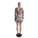 Women Summer Sexy Printed Ruffled Collar Lace-Up Mesh Dress