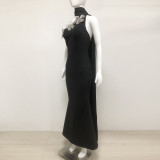 Women Spring Summer Flower One Shoulder Bandage Beaded Maxi Dress
