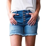 Women Stretchy Button Whisker Denim Shorts