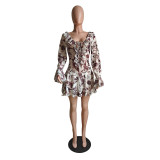 Women Summer Sexy Printed Ruffled Collar Lace-Up Mesh Dress