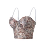 Women French fishbone patchwork print retro vest corset Top