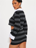 Women Striped Contrast Long Sleeve Turndown Collar Crop Top and Skirt Two-Piece Set