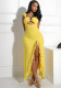 Women Sexy Halter Hollow Solid Slit Maxi Dress