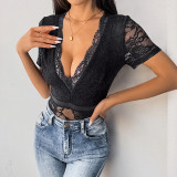 Women summer party lace short sleeve v-neck lace sexy jumpsuit