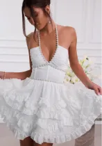 Women French Sexy Lace-Up Halter Neck White Dress