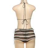 Women Spring Summer Sexy Halter Neck Lace-Up Striped Bikini Three-Piece