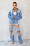 Women Summer Ripped Heavy Beaded Stretchy Denim Pants and Jacket Two-Piece Set