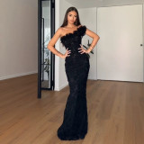 Women Sexy Slash Shoulder Floral Beaded Dress