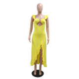 Women Sexy Halter Hollow Solid Slit Maxi Dress