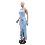 Women Summer Solid Lace-up Sleeveless Top Ruffle Skirt Two-piece Set