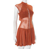 Women Spring and Summer Half-high Neck Lace-up Hollow Lace-Up Patchwork Mesh Pleated Dress