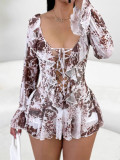 Women Summer Sexy Printed Ruffled Collar Lace-Up Mesh Dress