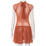 Women Spring and Summer Half-high Neck Lace-up Hollow Lace-Up Patchwork Mesh Pleated Dress