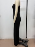 Women Sexy Strapless Metal Button Sleeveless Wide Leg Pants