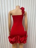 Women Solid One Shoulder Strapless Bodycon Ruffle Dress