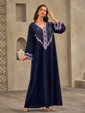 Women Arab V-Neck Beaded Robe Dress