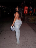 Women Fashion Double Waist Cargo Denim Trousers