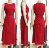 Women summer solid round neck dress