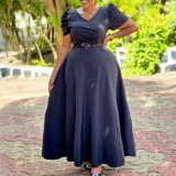 Elegant V-Neck Short Sleeve Solid Color High-Waist Swing Long Dress