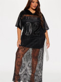 Fashion Loose V-Neck Hollow Lace Patchwork Casual Short-Sleeved Long Dress for Women