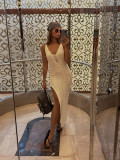 Straps Sexy Knitted Beach Cover-Up Low-Back Slit V-Neck High-Waist Slim Dress
