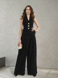 Women's Chic Elegant Solid Color V-Neck Sleeveless Vest & High-Waist Wide-Leg Trousers Set