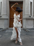 Patchwork Ruffle Strap Sexy Slit Long Dress