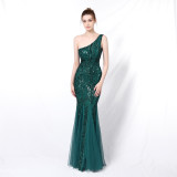 Luxury Sequin Mermail Women Formal Party Evening Dress Sexy Slash Shoulder Long Slim Bridal Gown
