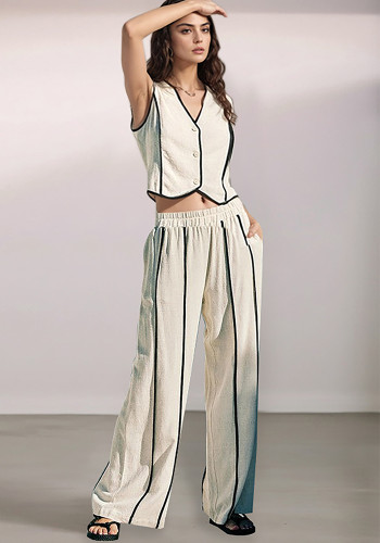 Spring Summer Women's Striped Sleeveless Vest & Loose Wide-Leg Trousers Two-Piece Set