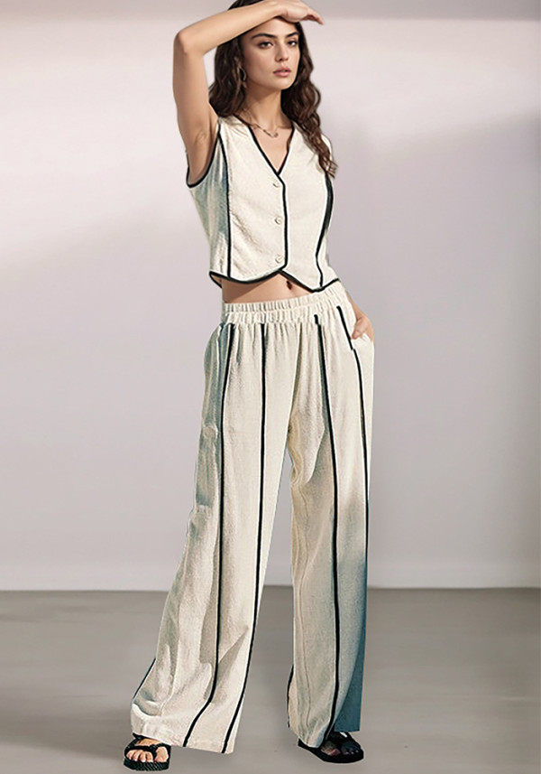 Spring Summer Women's Striped Sleeveless Vest & Loose Wide-Leg Trousers Two-Piece Set