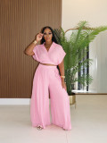 Women Casual Holidays Summer Turndown Collar Short Top & High-Waist Wide-Leg Pants Set