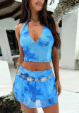 Sexy Holidays Printed Halter Neck Straps Top  & Mesh Skirt Set