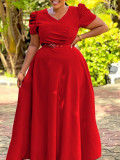 Elegant V-Neck Short Sleeve Solid Color High-Waist Swing Long Dress