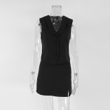 Spring Black Chic Sleeveless Vest & Slim Bodycon Short Skirt Set Fashion Two-Piece Set for Women