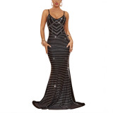 Fashionable Women's Straps Sleeveless Beaded Sexy Low-Back Long Dress