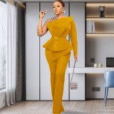 African Plus Size Women's Solid Color Beaded Mesh Casual Fashion Pants Set
