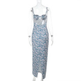 Sexy Straps Printed Slim Holidays Chic Slim Long Dress