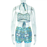 Fashion Low-Back Printed Halter Neck Top & Bodycon Shorts Two-Piece Set for Casual Holidays