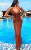 Straps Sexy Knitted Beach Cover-Up Low-Back Slit V-Neck High-Waist Slim Dress
