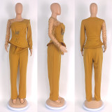 African Plus Size Women's Solid Color Beaded Mesh Casual Fashion Pants Set