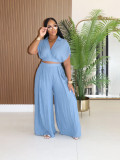 Women Casual Holidays Summer Turndown Collar Short Top & High-Waist Wide-Leg Pants Set