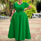 Elegant V-Neck Short Sleeve Solid Color High-Waist Swing Long Dress