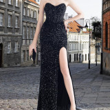 Spring Sequin Side Slit Strapless FishBoned Evening Dress