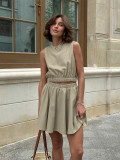 Round Neck Vest & Pleated Skirt Set Spring Summer Linen Comfortable Casual Short Skirt Set for Women