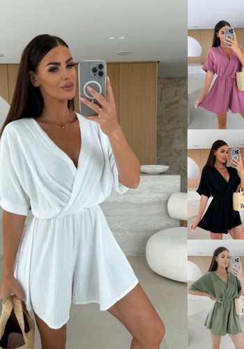Summer V-Neck Fashion Casual Slim Waist Solid Color Jumpsuit for Women