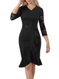 Elegant Slim Lace Patchwork Sleeve Black Ruffle Career Dress