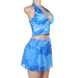 Sexy Holidays Printed Halter Neck Straps Top  & Mesh Skirt Set