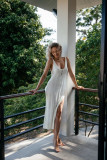 Straps Sexy Knitted Beach Cover-Up Low-Back Slit V-Neck High-Waist Slim Dress