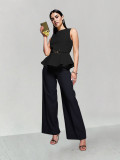 Women's Summer Professional Chic Round Neck Sleeveless Lace Slim Waist Puff Sleeve Top